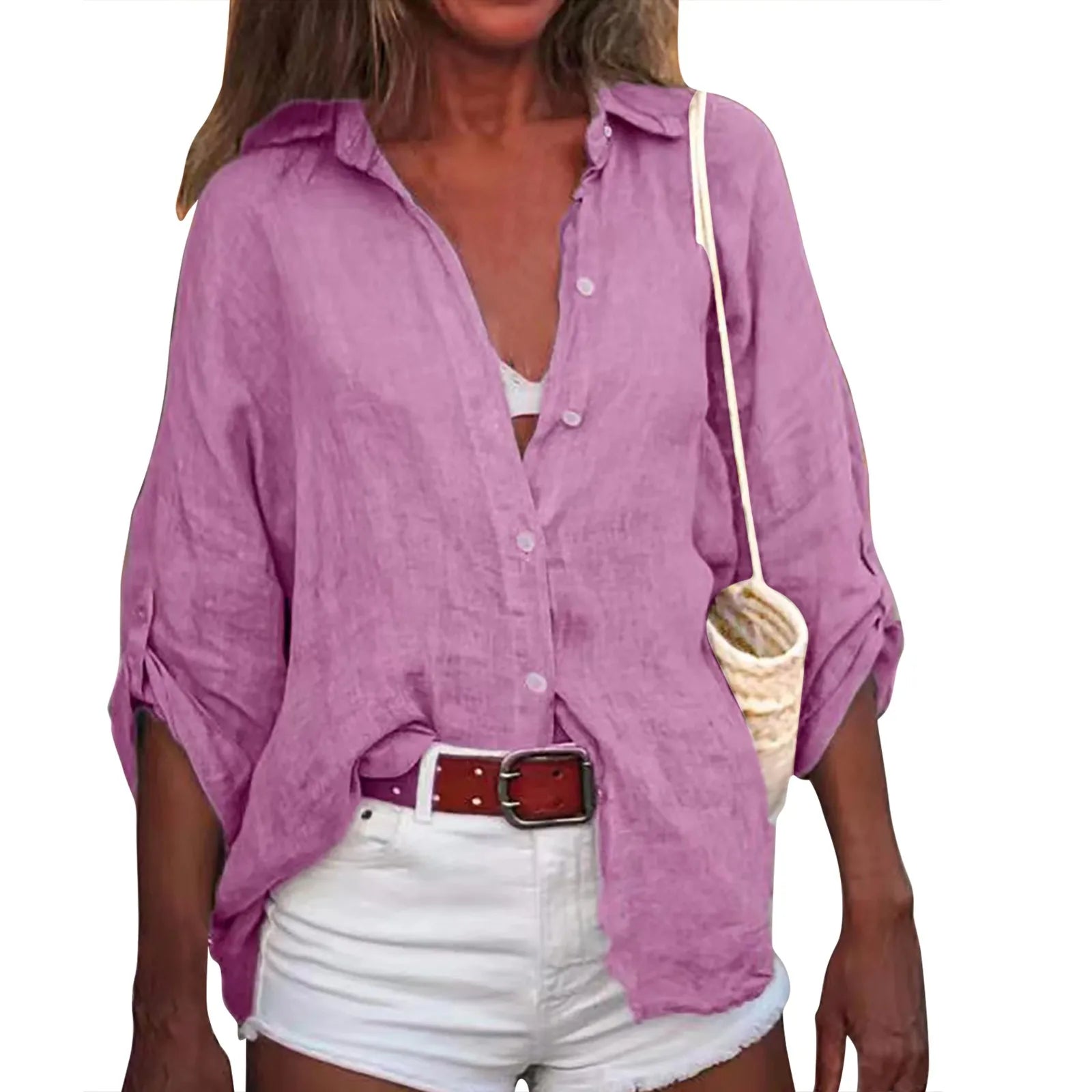 Summer Plus Size Cotton Linen Solid Color Seven-Point Sleeve Shirt V-Neck For Ladies Loose Casual Lightweight Camisas De Mujer