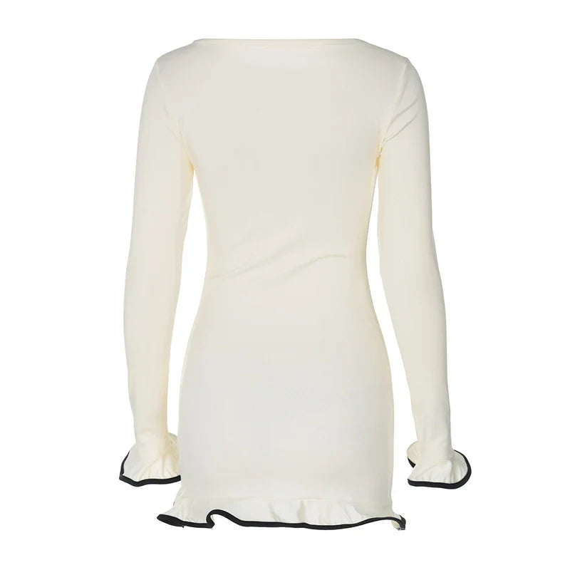 Elegant Round Neck Pleat Long Sleeve New Women's Dresses Casual Slim Pink Black White Short Dresses Lady Chic Party Street Robes