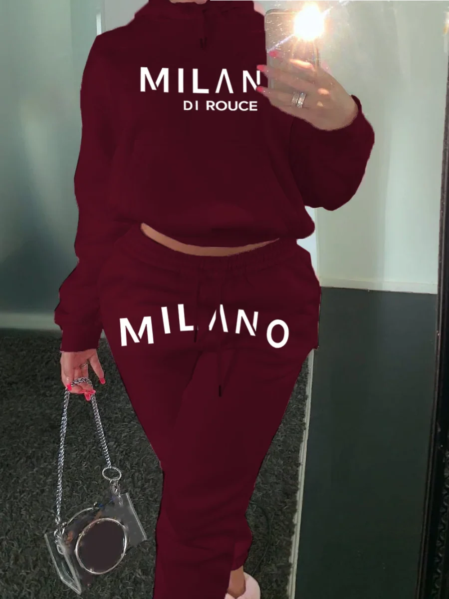 LW Plus Size Women Spring Wine Red Casual Two Pieces Set Hooded Collar Pattern Letter Print Kangaroo Pocket Design Tracksuit Set