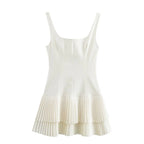 TRAFZA Women Fashion Square Collar Sleeveless Solid Mini Dress Female Summer Pleated Dress Chic High Street Slim Short Dress