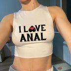 I LOVE ANAL Letters Print Summer Fashion Women Sexy Slim Tops O-neck Sleeveless Double Nylon Ladies Good Quality Tank Top