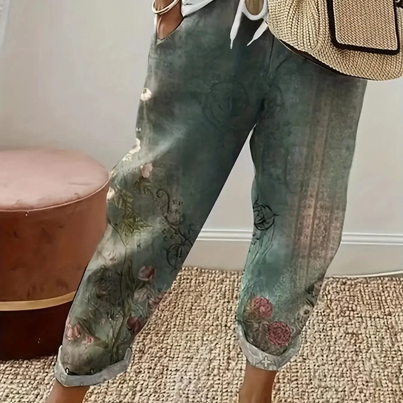 Women's Fashion Plus Size 1XL-5XL Four Seasons Printed Flower Pants Ladies Casual Comfortable Loose Mid-waist Haren Pants