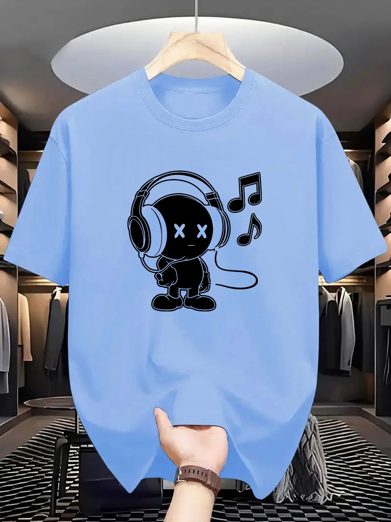 Summer men's 100% cotton casual loose fit plus size music themed printed comfortable sports round neck short sleeved T-shirt top