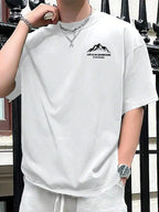 Summer men's 100% pure cotton casual loose plus size Letter And Mountain pattern printed round neck short sleeved T-shirt top