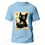 Funny Cat Ramen Graphic Tee Japanese Kawaii Anime Cat T-Shirt Fashion T-shirts Short Sleeve Clothes Trend Casual Unisex Tshirts
