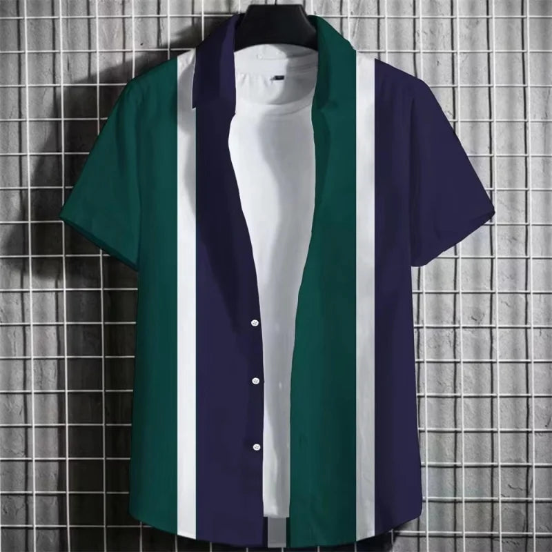 Colorful Simple Stripe Hawaiian Shirts For Men Color Block 3D Printed Short Sleeve Tops Fashion Streetwear Lapel Button Blouse