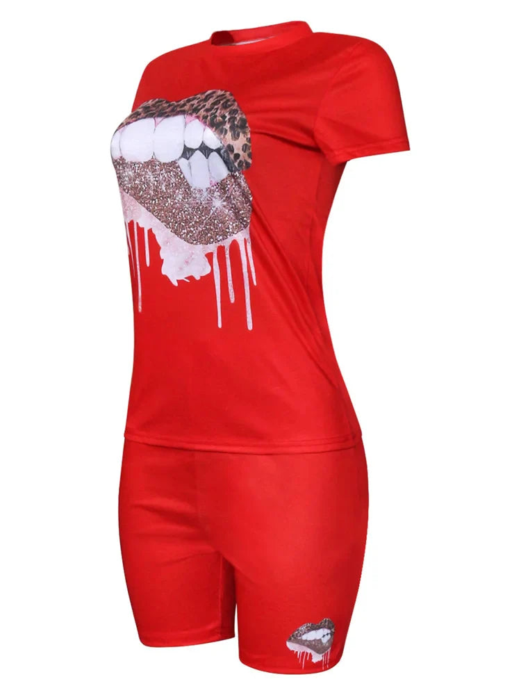 Wmstar Plus Size Two Piece Outfits for Women Tracksuit Shorts Sets  Lip Print Top Casual New In Matching Wholesale Dropshipping