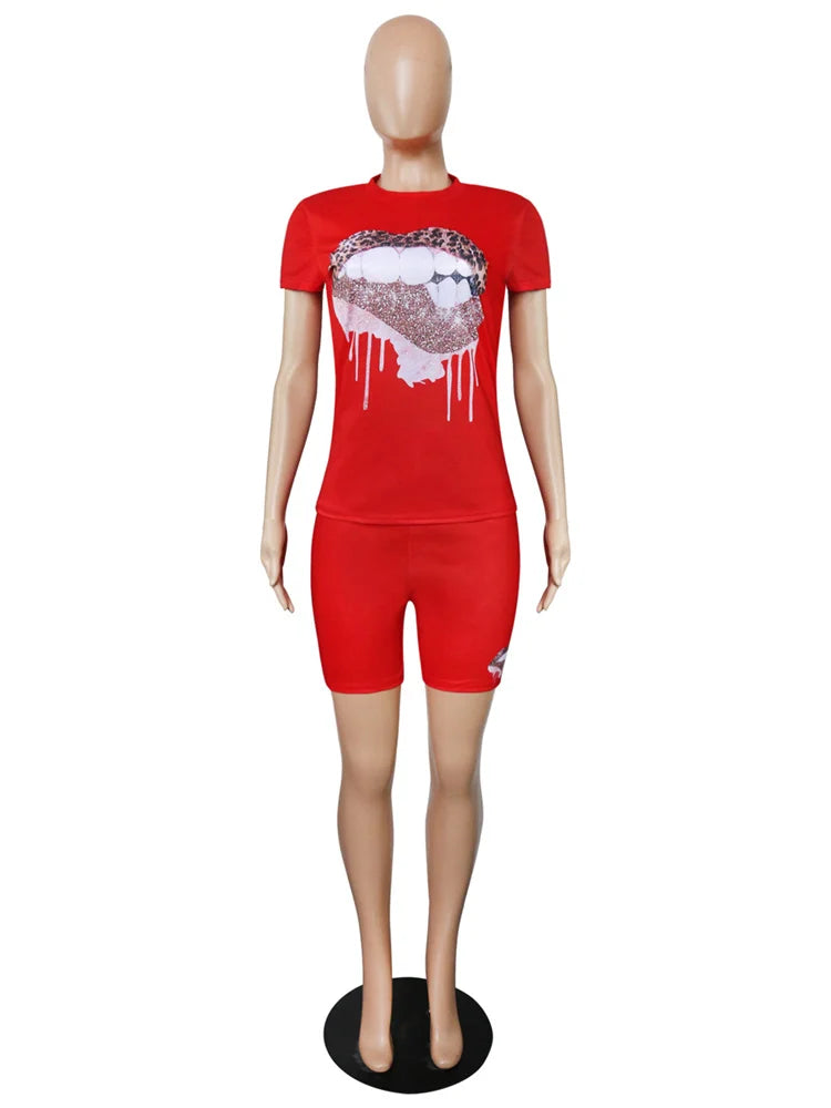 Wmstar Plus Size Two Piece Outfits for Women Tracksuit Shorts Sets  Lip Print Top Casual New In Matching Wholesale Dropshipping