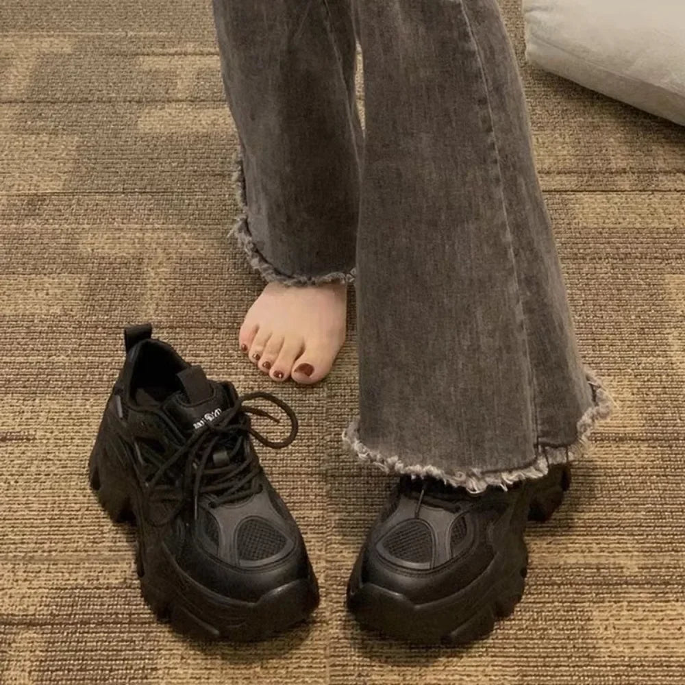 New Summer Black Women New Fashion Platform Sport designer Shoes Women Casual Chunky Sneakers Women Mesh Leather Platform Shoes