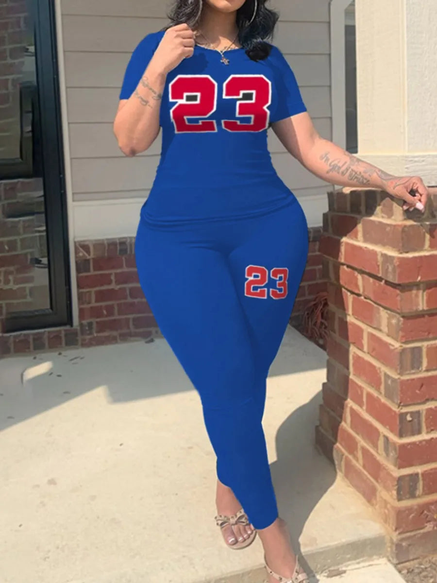 LW Plus Size Letter Print Pocket Design Pants Set Pullover Short Sleeve O Neck Top&Sheath Elastic Waist Trousers Fitness 2pc