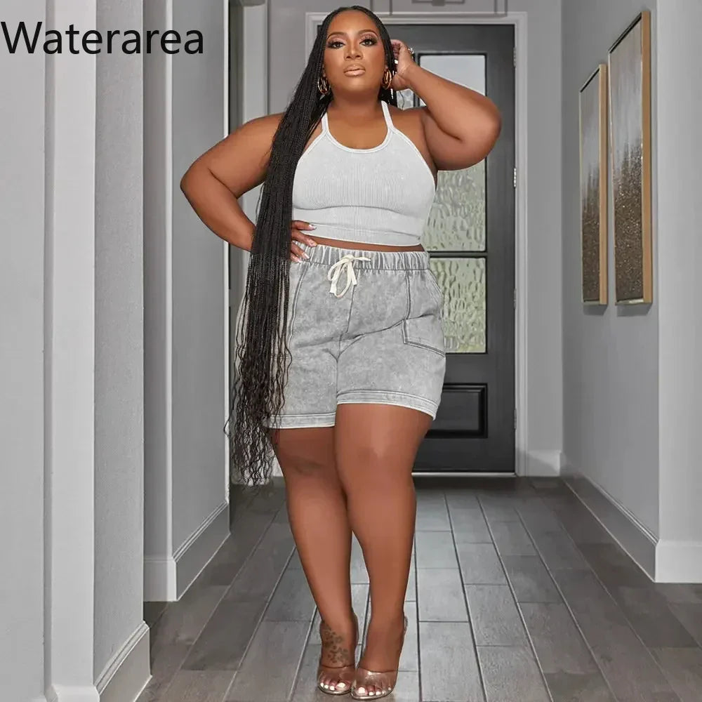 Waterarea Plus Size Women's Set Knit Ribbed Tank Top and Pocket Side Shorts Suit 2025 Summer INS Two 2 Piece Set OutfitTracksuit