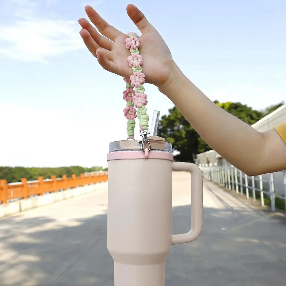 Water Bottle Handle Strap Handmade Flower 16-40oz Tumbler Silicone Safety Ring Cotton Rope Flower Durable Water Bottle Strap