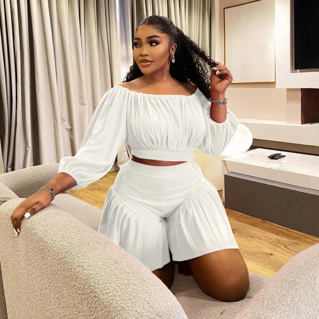 CM.YAYA Plus Size Women's Set Long Sleeve Slash Neck T-Shirt and Shorts 2025 Summer Ruched Two 2 Piece Set Outfits Tracksuit