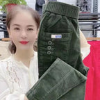 Elegant Women Streetwear Korean Fashion Casual Pant Solid Corduroy Harlan Button Pockets Pants New Autumn Winter Pants