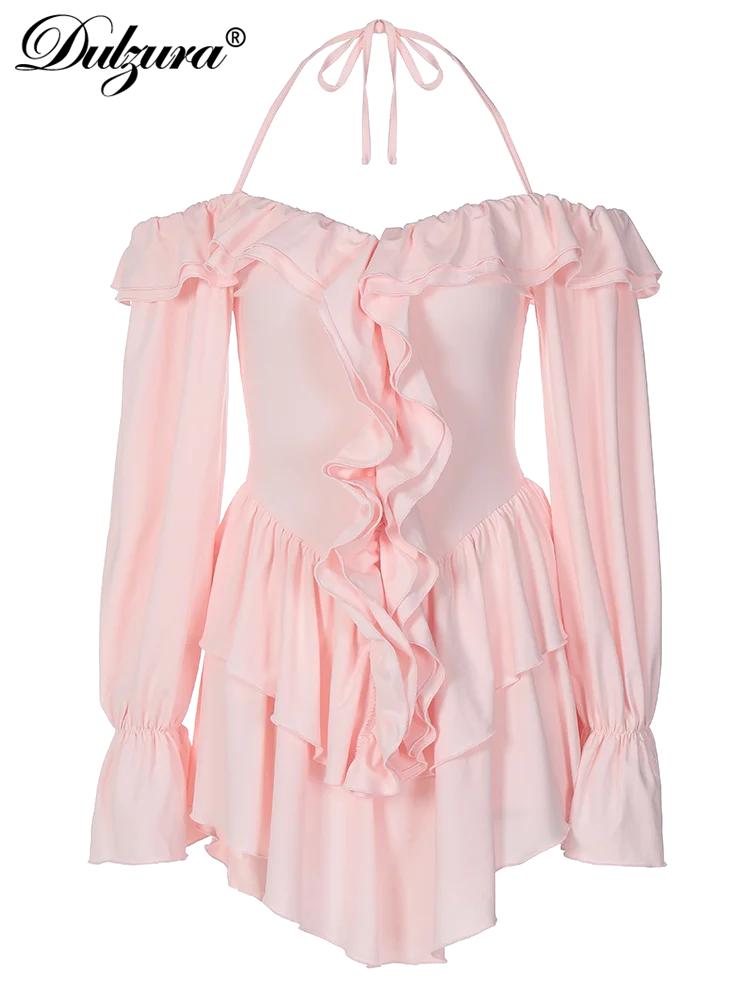 Dulzura Solid Pure Color Halter Ruffle Flare Sleeves Mini Dress 2024 Summer For Women Sexy Elegant Birthday Party Clubwear