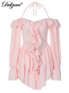Dulzura Solid Pure Color Halter Ruffle Flare Sleeves Mini Dress 2024 Summer For Women Sexy Elegant Birthday Party Clubwear