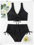 Drawstring High Waist Bikini 2023 Women Solid Swimwear Female Cross Front Swimsuit Padded Beachwear Bather Bathing Swimming Suit