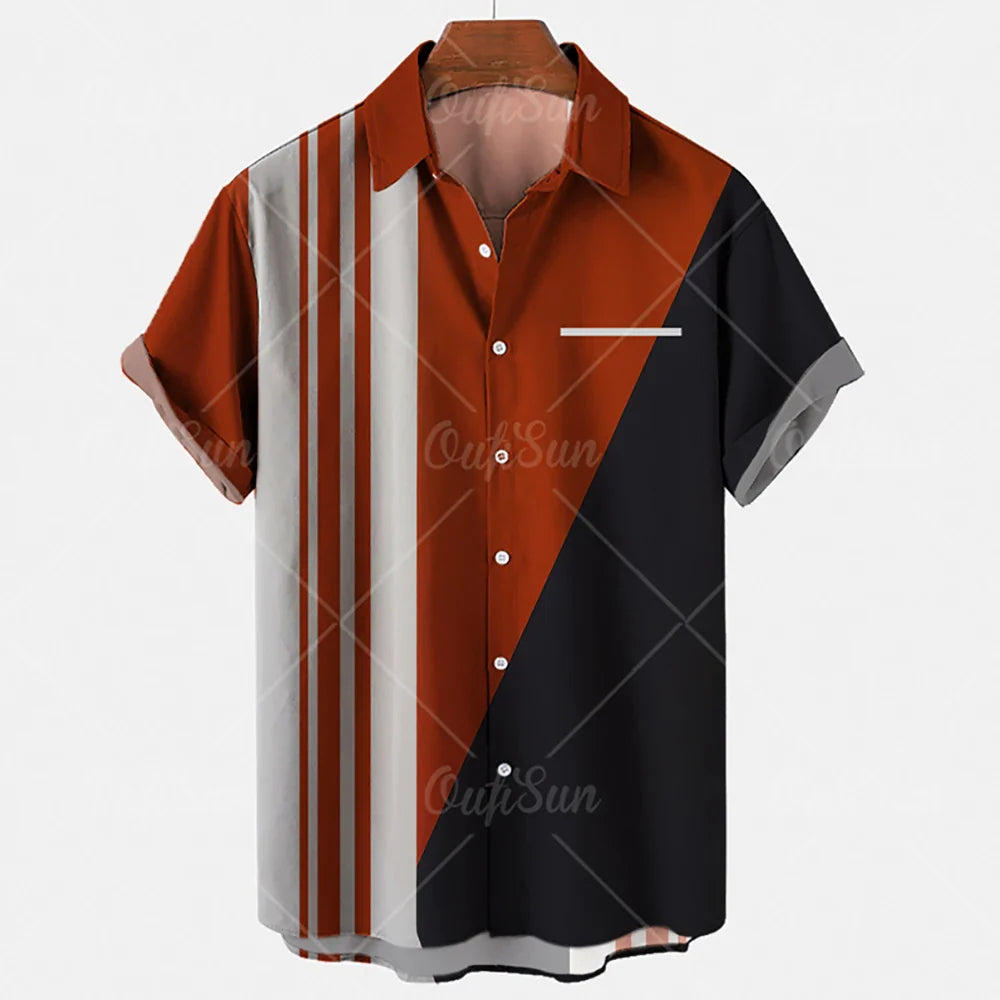 Fashion Men's Striped Casual One Button Shirts Streetwear Short Sleeve Loose Top 3D Digital Printed Blouse Plus Size 5XL