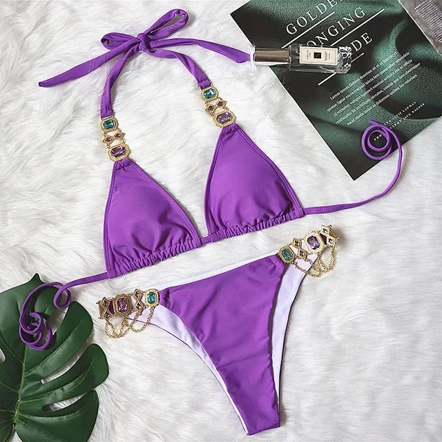 Halter Metal Chains Rhinestone Diamond Bikini Women Swimsuit Female Swimwear Two Pieces Bikini set Brazilian Bathing Suit Swim
