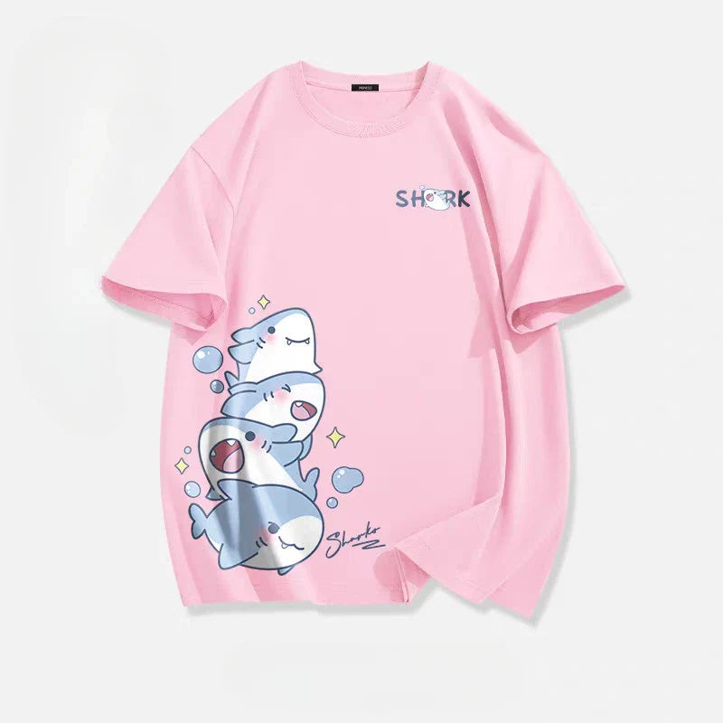 Summer Ice Silk Blue Top Youth Breathable Half Sleeve Large Loose Tee Men's Cute Shark Cartoon Print Short Sleeve T-shirt