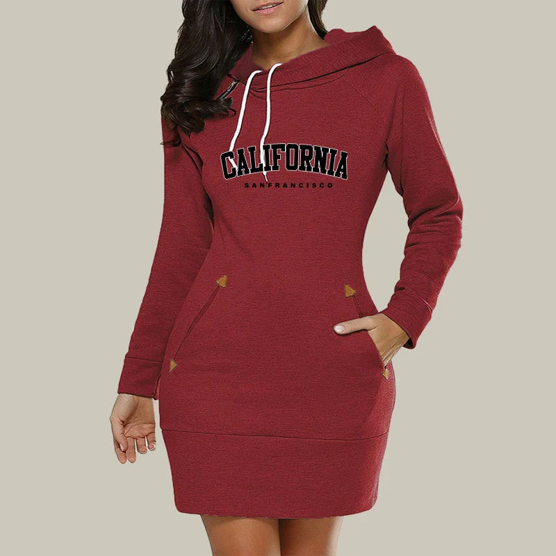 California Womens Dress Neck Side Zipper Fashion Print Long Sleeve Hooded Sports Skirt Hot Sales Casual Knee-Length Dress S-3XL