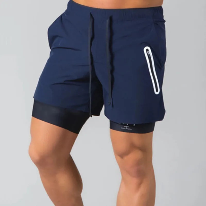 Double-deck fitness sports shorts men summer quick drying breathable woven Shorts Men's 2 IN 1training Gyms clothing