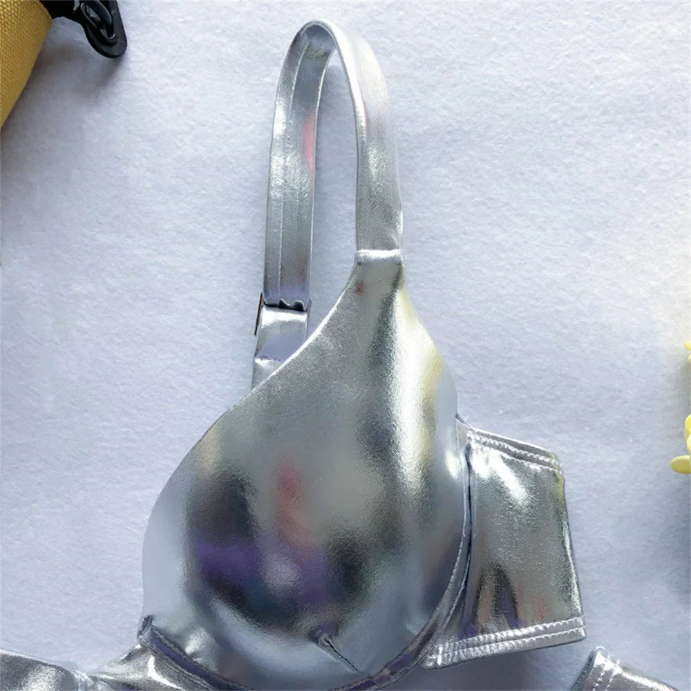 Gold Bikini Push Up Bra Women Trend Y2K Swimwear Glossy Metallic Beach Outfit Swimsuit Bath Suit Club Micro Bikinis Tangas Mujer