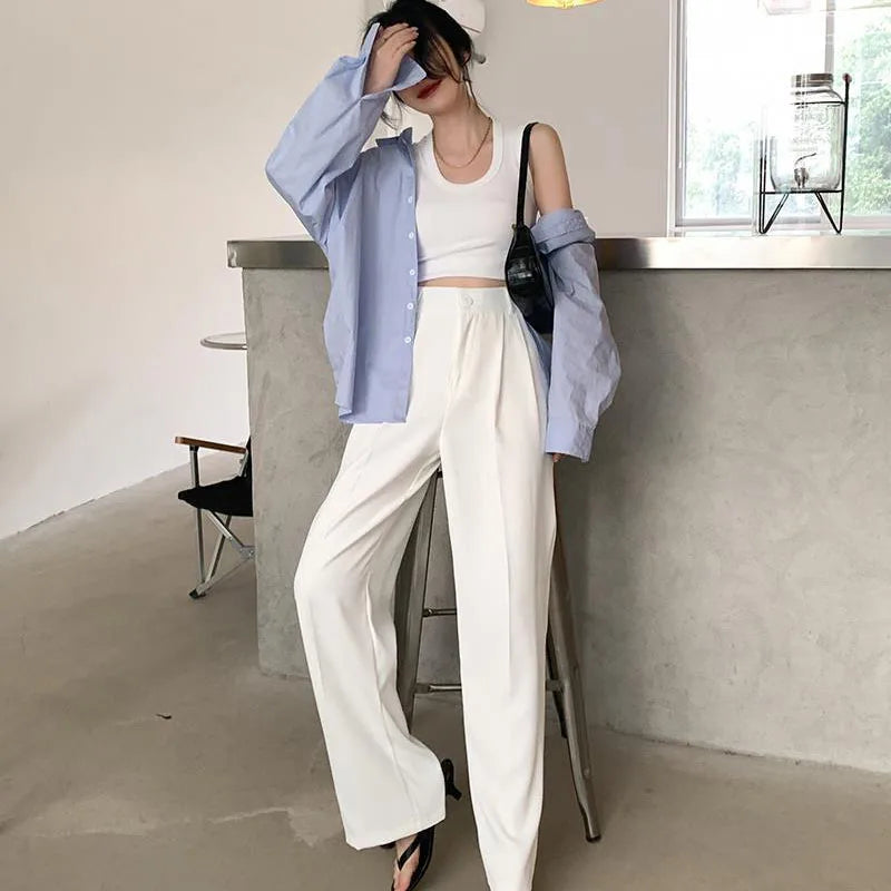 Summer Women's Draped Suit Pants Korean Style High-Waisted Button Casual Pants 2025 New Black White Baggy Office Lady Trousers