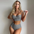 Women Sexy Slim Plaid Two Pieces Swimsuit High Waisted Bikini Swimwear 2024 Bikini Sets Size S-3XL Rose Red/Black/Blue/Sky Blue