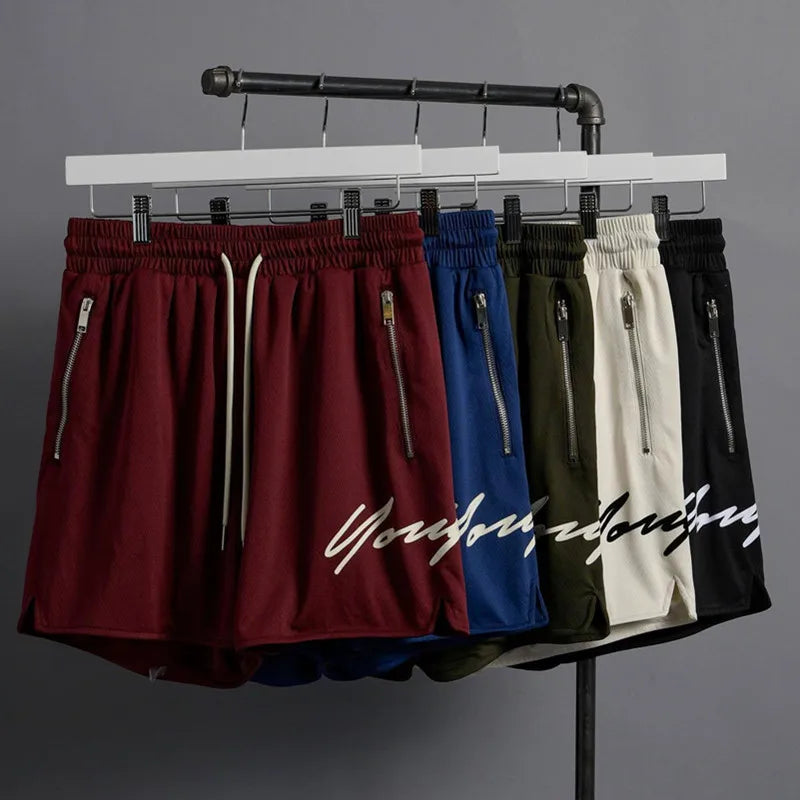 Woven Sports Quick Drying Black Shorts Men's Fitness Tide Brand Bodybuilding Slim Zipper Pocket Running Hip-hop Training Pants