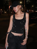 Dulzura Ribbed Sleeveless Crop Tank With Water Droplets Diamond Decorate Sexy Elegant Top Party Club Streetwear Spring Summer