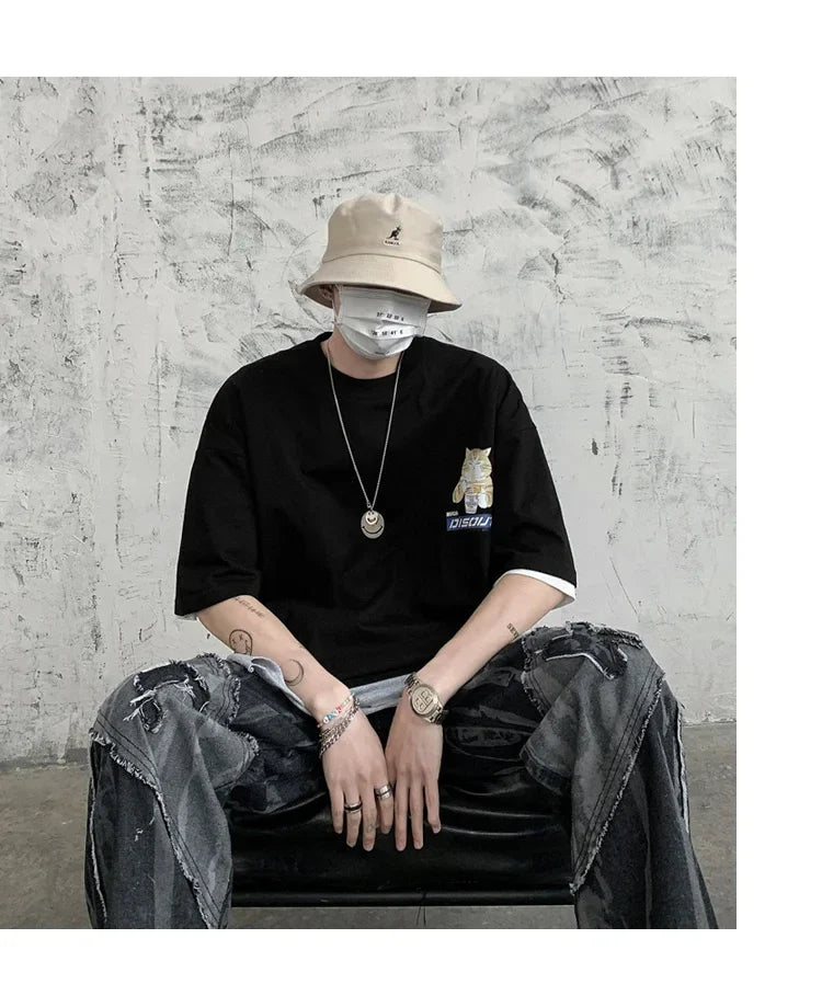 Harajuku Cat Cartoon Eating Noodles Graphic Men Women Tshirts Casual Short Sleeve Tees Japan Style Oversized T Shirt Clothing