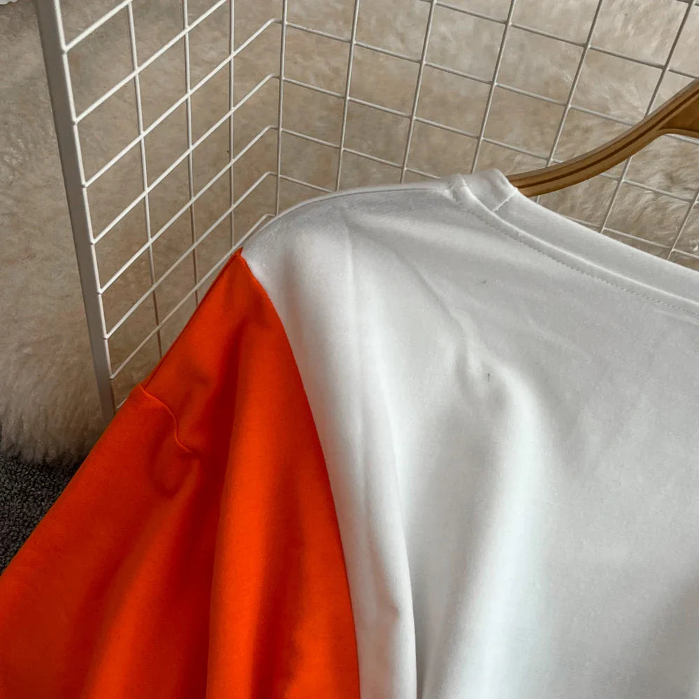 XFPV 2025 Summer Fashion Short Sleeve Round Neck High Waistband Slim A-line Denim Printed Patchwork Dress For Women SM11498