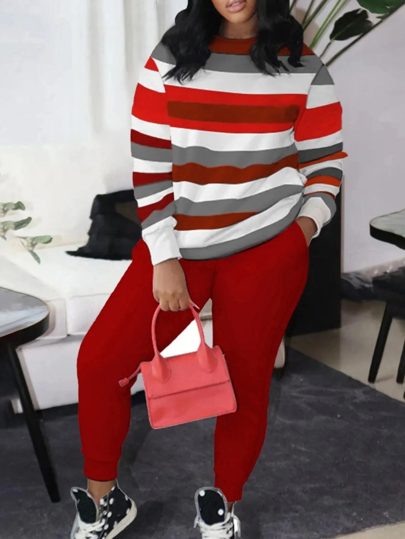 XL-5XL LW Plus Size Striped Patchwork Pants Set Women Long Sleeve Legging Set Round Neck Casual Two Piece Outfit Tracksuit