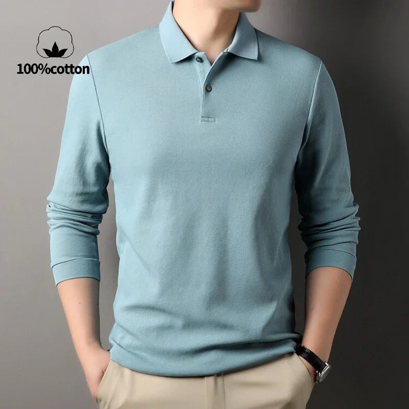 Durable 100% Cotton Men Polo Shirt,Autumn Leisure Long Sleeve, Breathable Lapels T-shirt, 16 Colors, Perfect for Golf and Sports