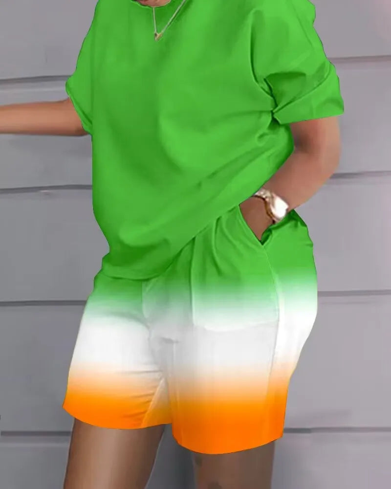 Fashion Casual Women's Shorts Short Sleeve Suit Gradient Letter Print Summer Suit T-shirt + Shorts 2 Pieces Plus Size Dress