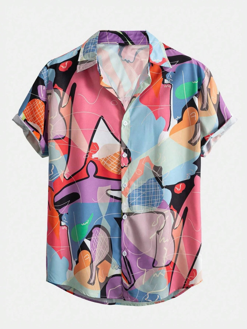 Men's And Women's Fun Block Pattern Printed Shirts Casual Design Short Sleeve Shirts Fashion Button-Ups