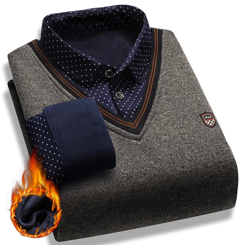 Men's Autumn Winter Sweater Pullover Polo Shirt Collar Fleece Thick Warm Top Clothes Business Casual Jumpers