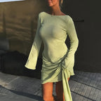 TARUXY Backless Sexy Knitted Dresses Women's Floral Lace Up Irregular Splice Slim Evening Mini Dress Autumn Elegant Long Sleeve