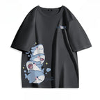 Summer Ice Silk Blue Top Youth Breathable Half Sleeve Large Loose Tee Men's Cute Shark Cartoon Print Short Sleeve T-shirt