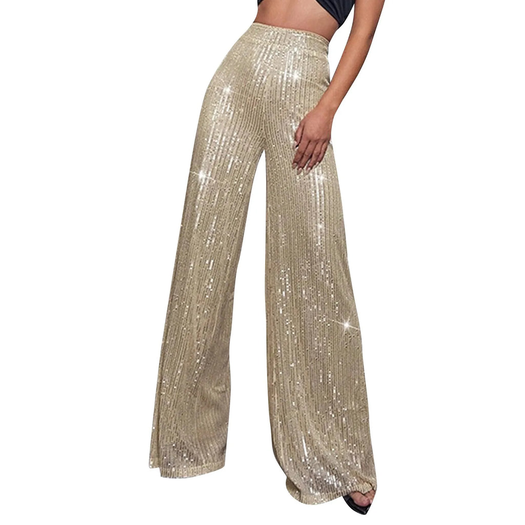 Women's Fashion Solid Color High Waist Sequin Side Zipper Draped Wide Leg Pants Pants for Women Women's Pants Women's Pants 2024