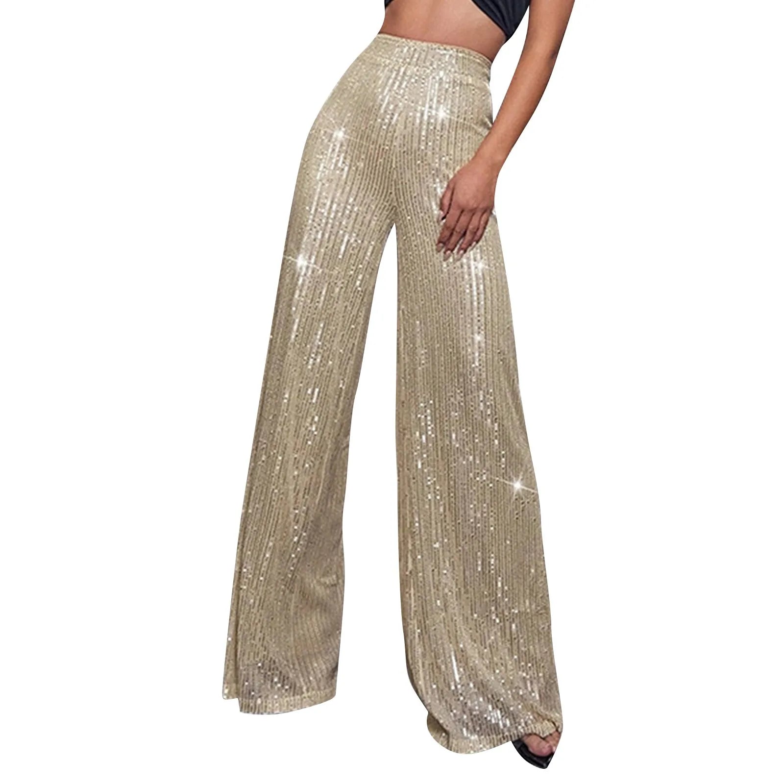 Women's Fashion Solid Color High Waist Sequin Side Zipper Draped Wide Leg Pants Pants for Women Women's Pants Women's Pants 2024