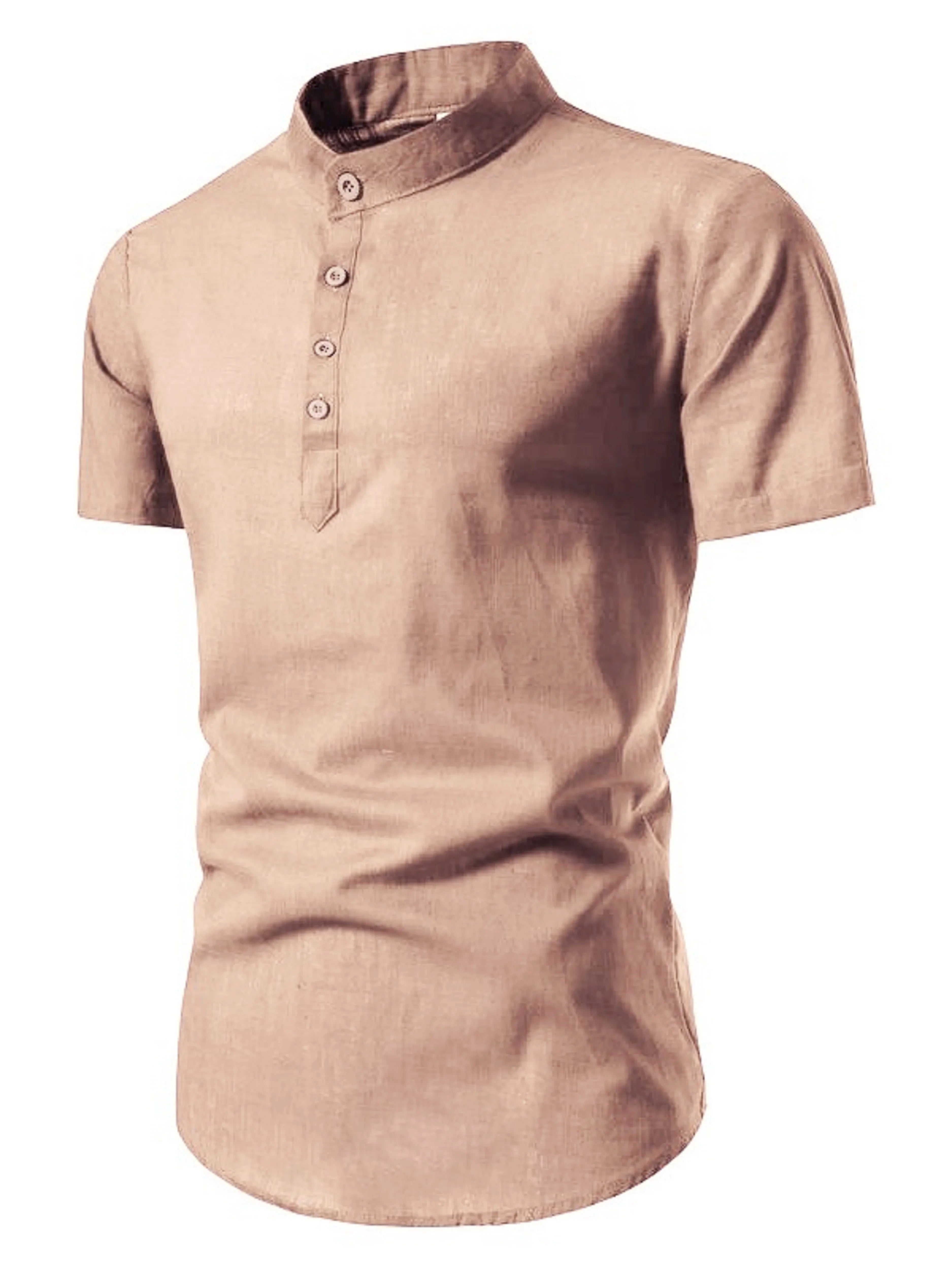 Fashionable short-sleeved cotton shirt with stand-up collar for summer outdoor activities. Men's solid color casual shirt
