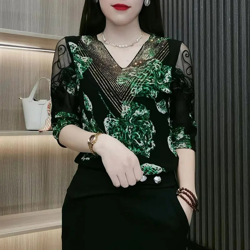 Vintage Printed Spliced Gauze Diamonds Lace Blouses Women's Clothing 2023 Autumn New Elegant Pullovers Office Lady Shirts