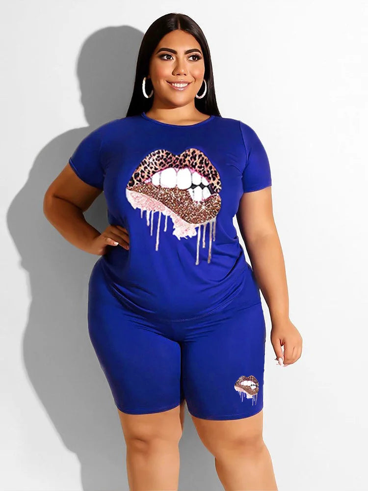 Wmstar Plus Size Two Piece Outfits for Women Tracksuit Shorts Sets  Lip Print Top Casual New In Matching Wholesale Dropshipping