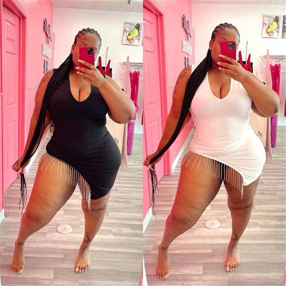 Wmstar Plus Size Dresses for Women V Neck Black Sexy Super Stretch Sleeveless Mini Dress Summer Clothes Wholesale Dropshipping