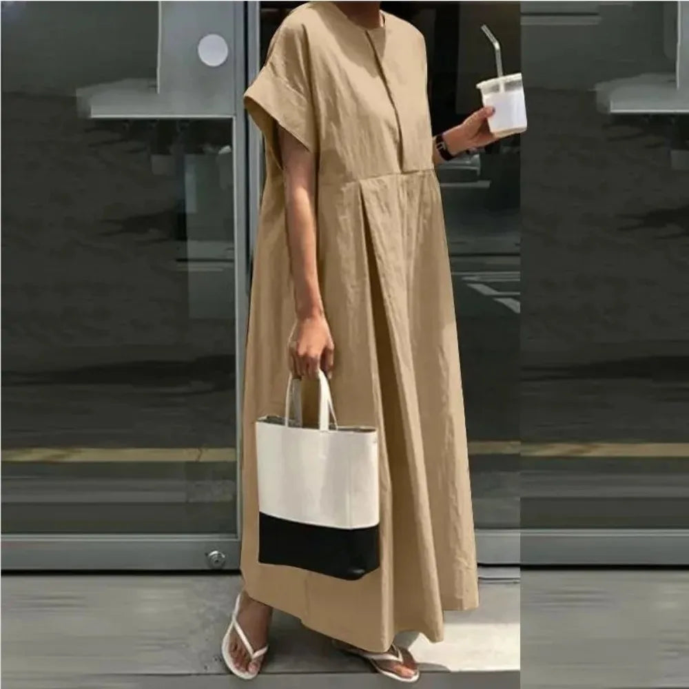 Large Size Women's L-5XL Plus Size Loose Cotton Dress Round Neck Solid Color Long Dress College Style Short Sleeved Loose Casual