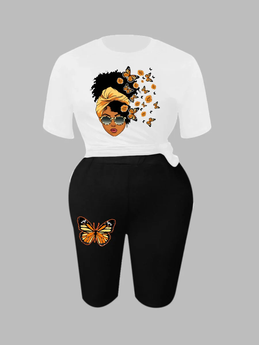 LW Plus Size New Butterfly Figure Print Shorts Set Summer Basic Round Neck T-shirt&Skinny Shorts Matching Clothes For Women
