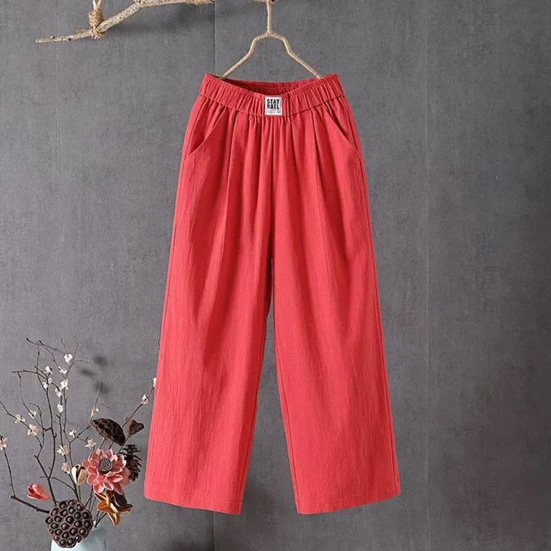 Lucyever Summer Elastic Waist Women's Pants Casual Solid Cotton Linen Ankle Length Pants Female 2023 High Quality Loose Trousers