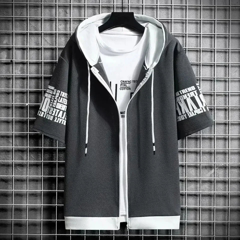 Fashion Men's Hoodies Summer Men Clothing T-shirt Zipper Hood Cartoon Casual T Shirt Print Hooded Top Short Sleeve Men